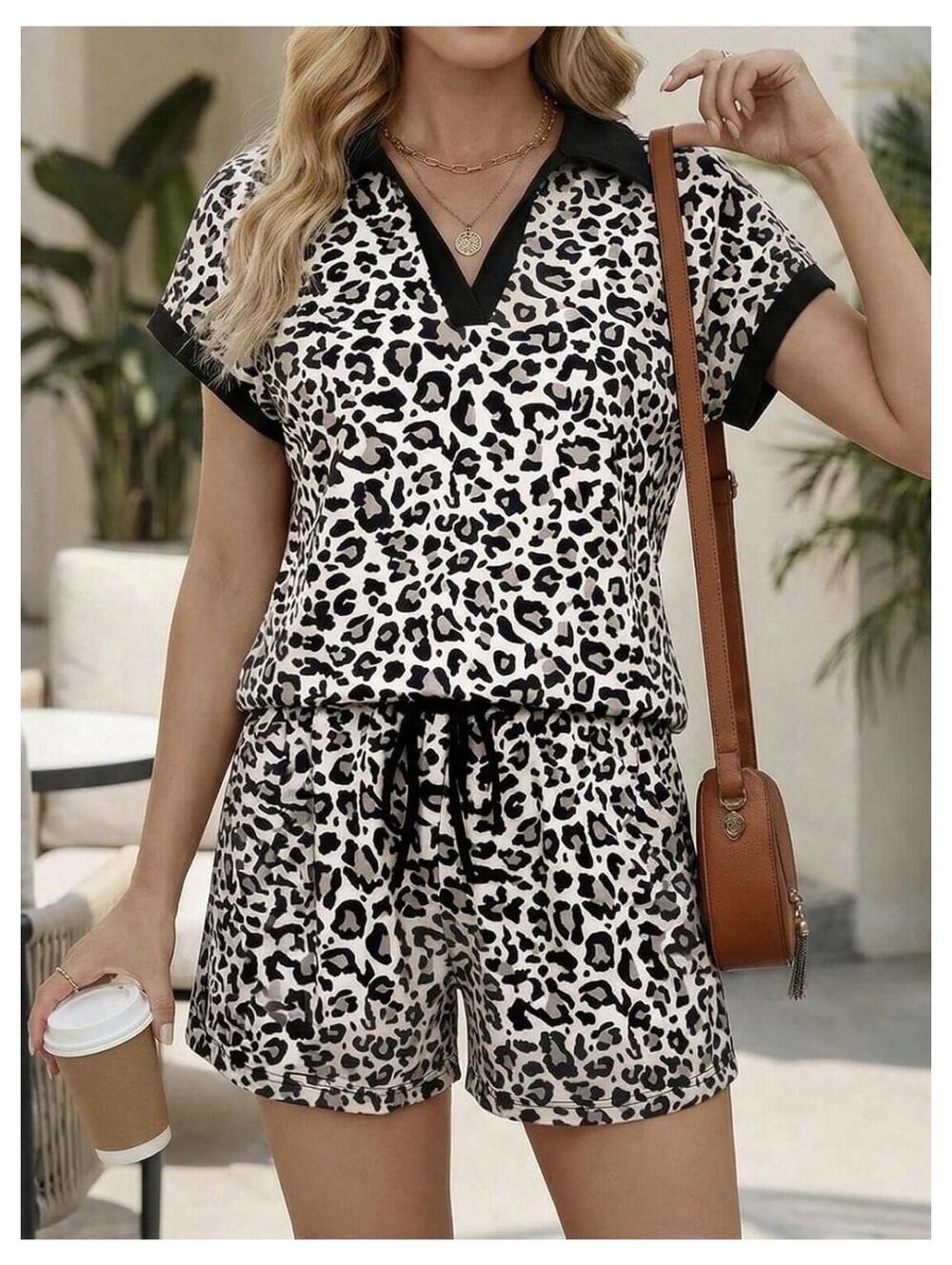 Yousify 2 Pc Black And Tan Cheetah Print Short Set Sz XL New With Tags